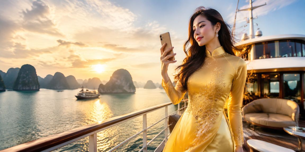 Người dùng Sài Gòn mặc áo dài đặt cược casino trên điện thoại tại không gian đô thị